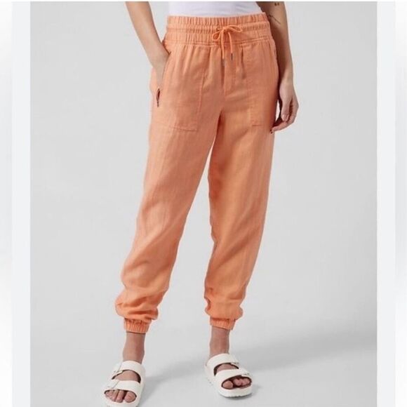 Athleta Cabo Linen Jogger Pants Women’s 8 M peach orange drawstring pockets - Picture 1 of 11